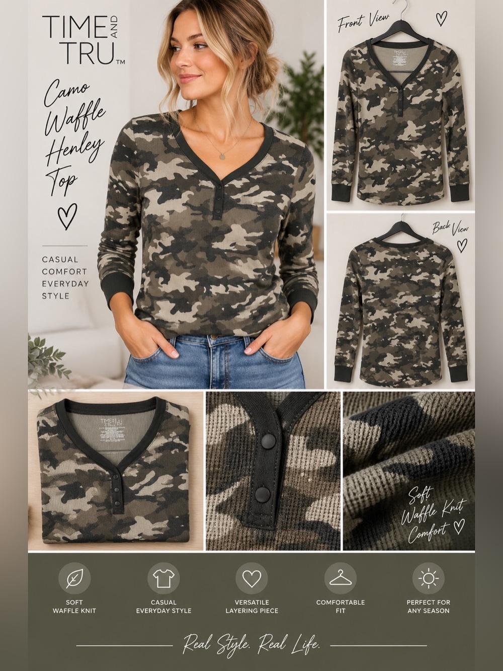 Time and Tru Women's Olive and Tan Camo Waffle Henley Top